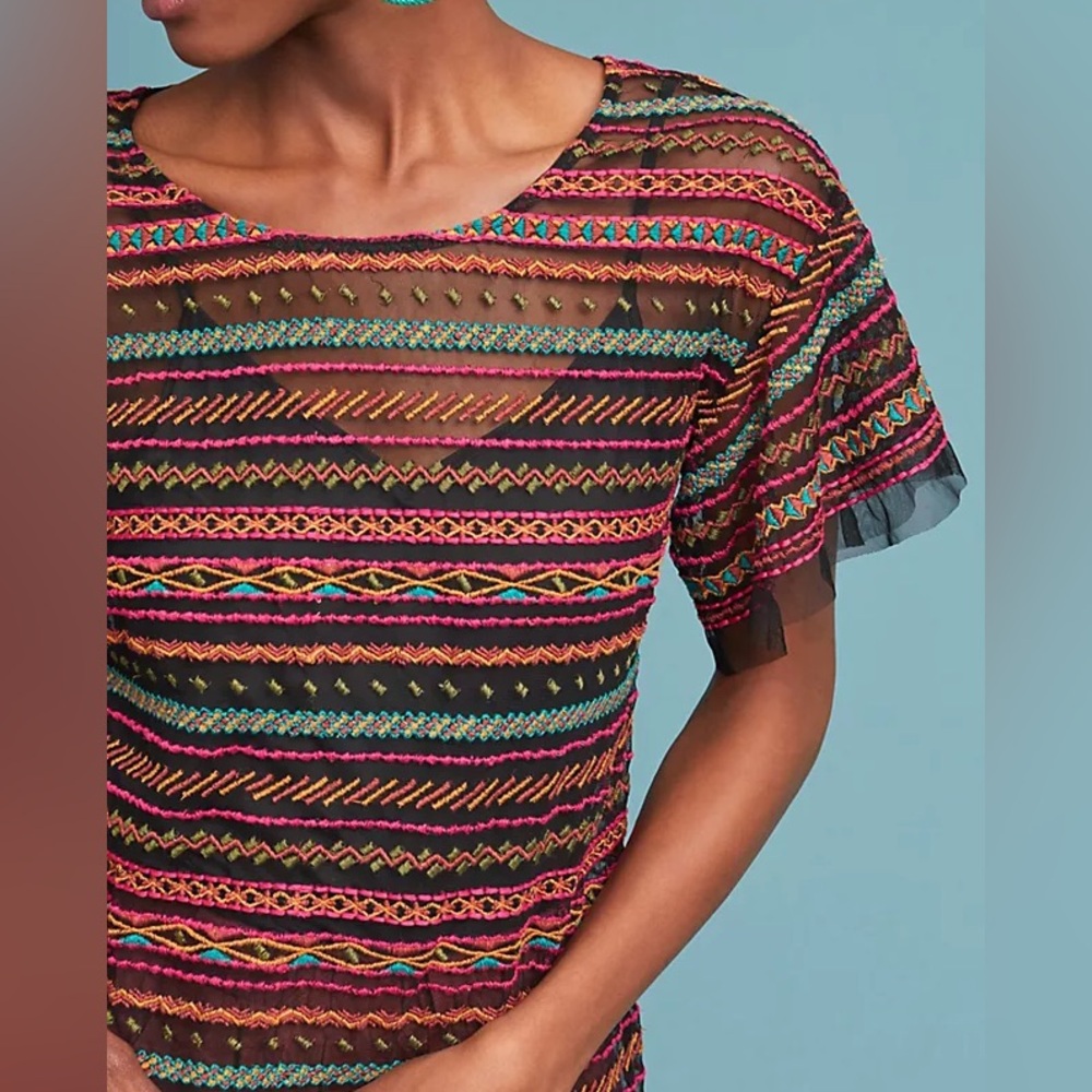 Anthropologie Maeve Naples Embroidered Mesh Blouse Multicolor Sheer Small‎